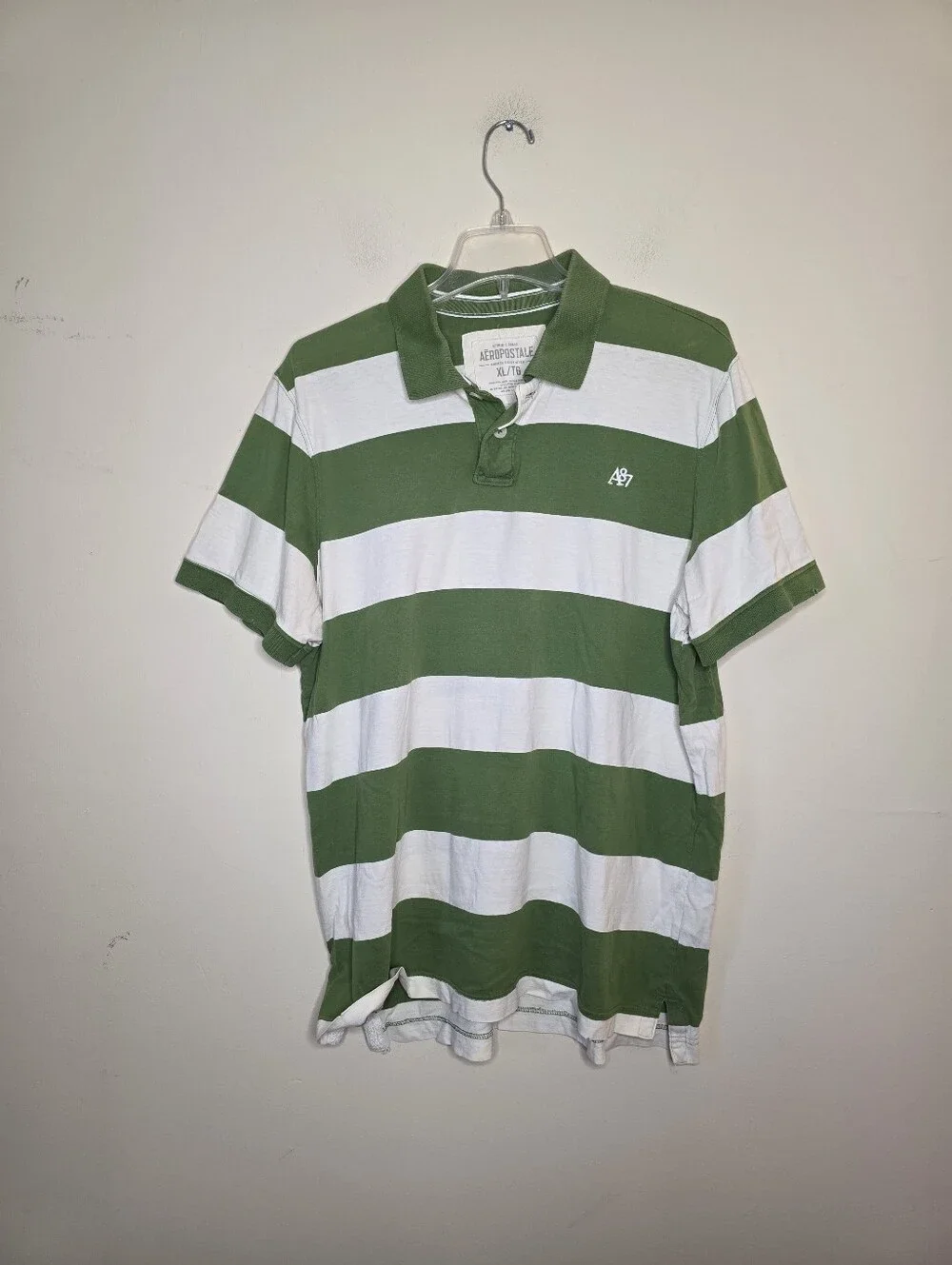Aeropostale Worn Patina Green & White Striped Polo Shirt Size XL